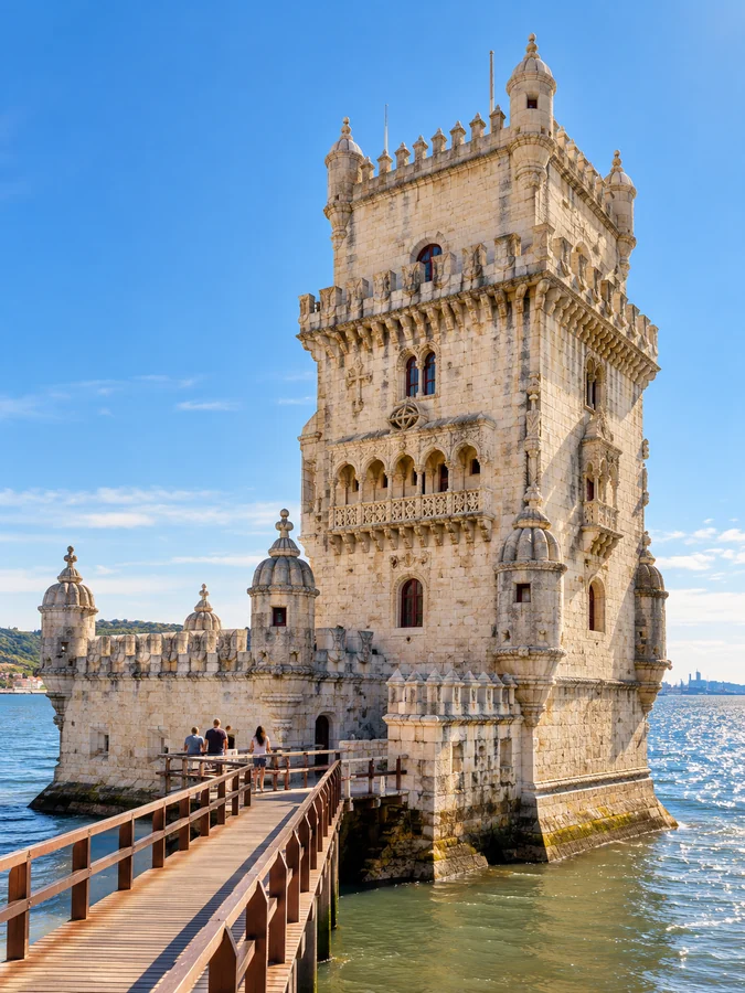 Illustration of Belém Tower and its wooden footbridge on a sunny day, with visitors walking in