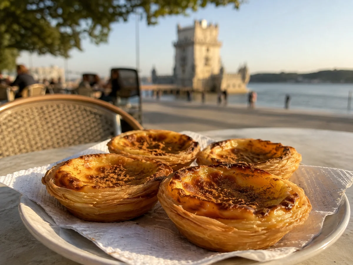 Illustration of custard tarts on a café table with Belém Tower blurred in the background